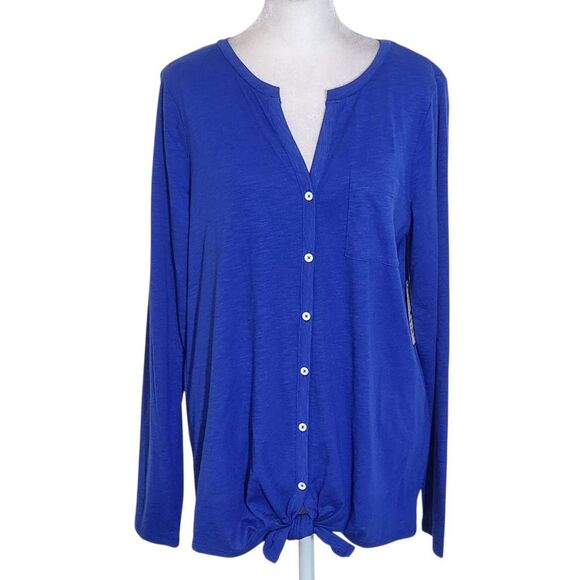 St. John's Bay Blue Button-Up Top with Tie Waist NWT Size Medium Blue Knit Top - Picture 1 of 9